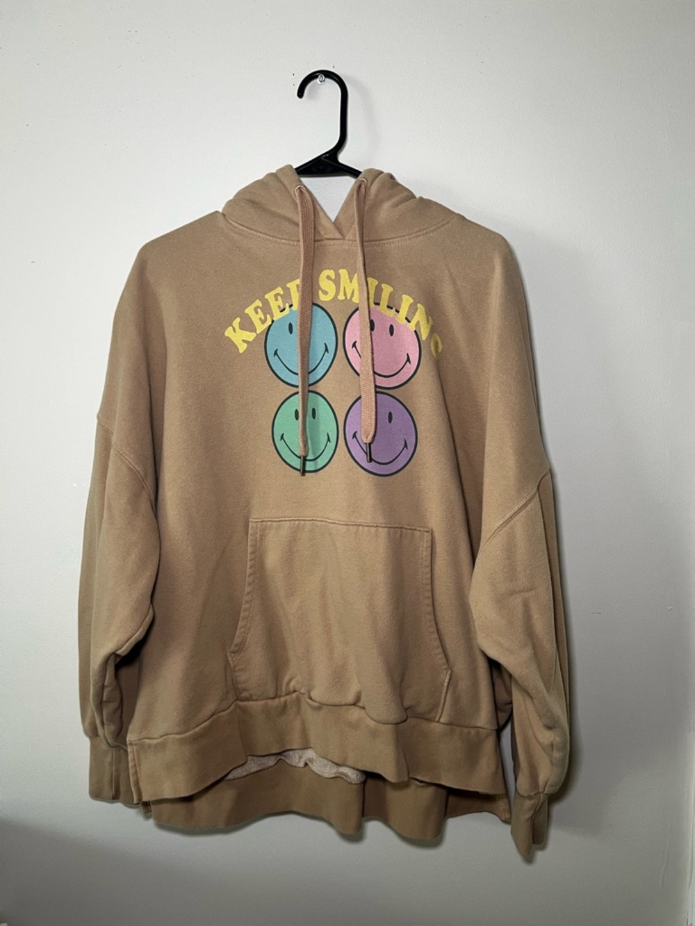 American Eagle Keep Smiling Pastel Smiley Face Hoodie - Beige
